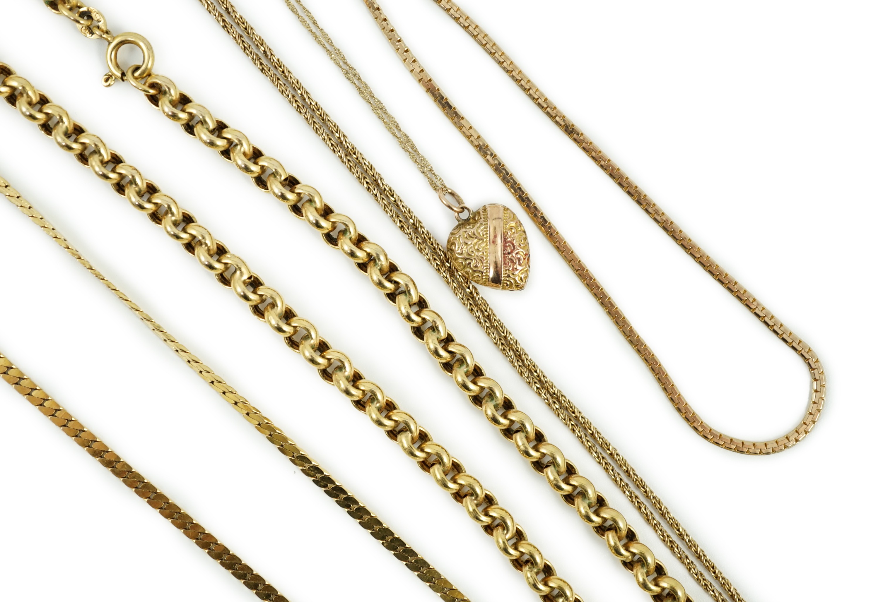 A 9ct heart shaped pendant, 12mm, in a 9ct chain and four other assorted modern 9ct chains, 32.8 grams.